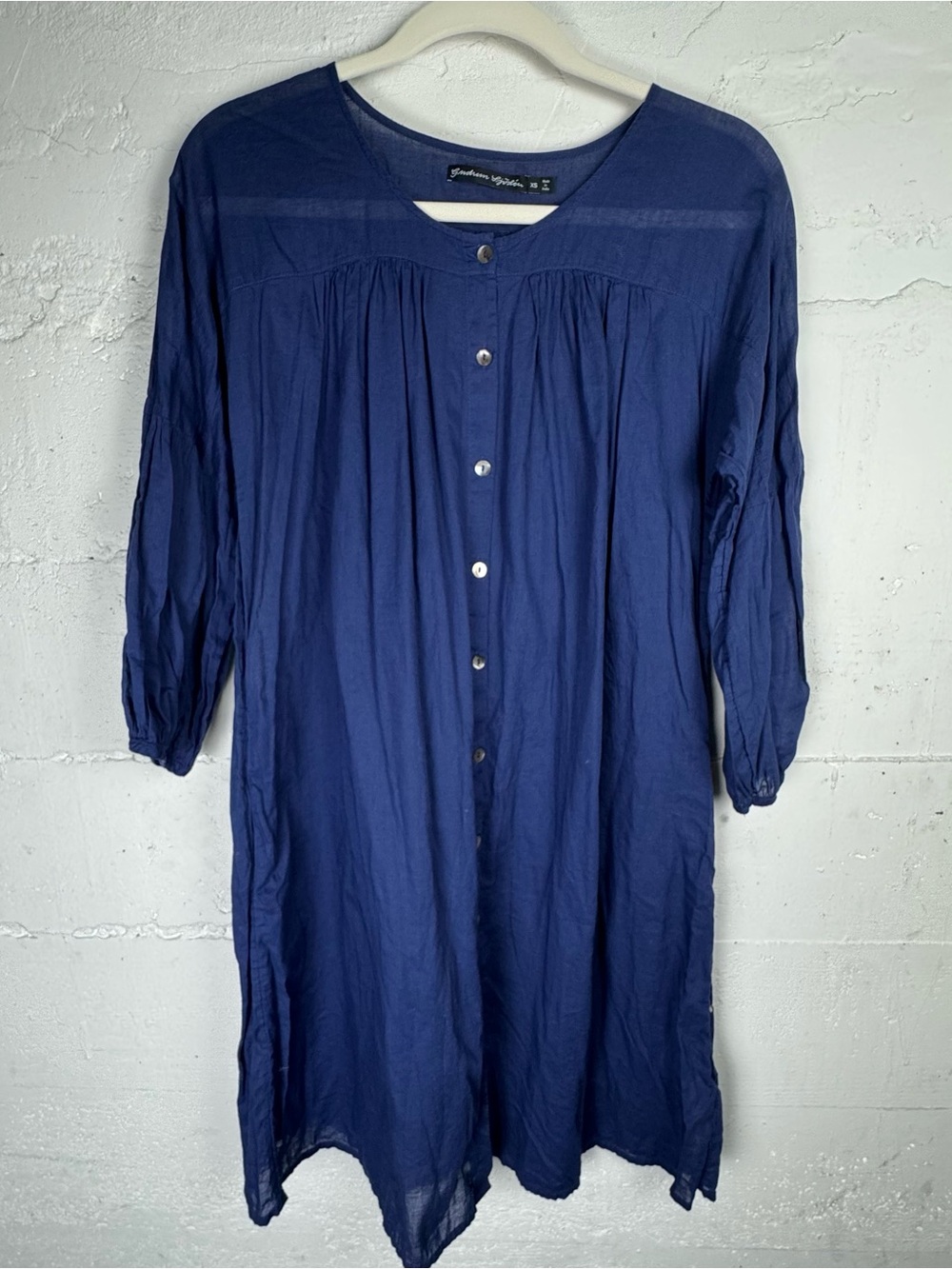 Gundrum Sjoden Navy Soft 100% Cotton Lightweight Tunic Dress balloon sleeve XS